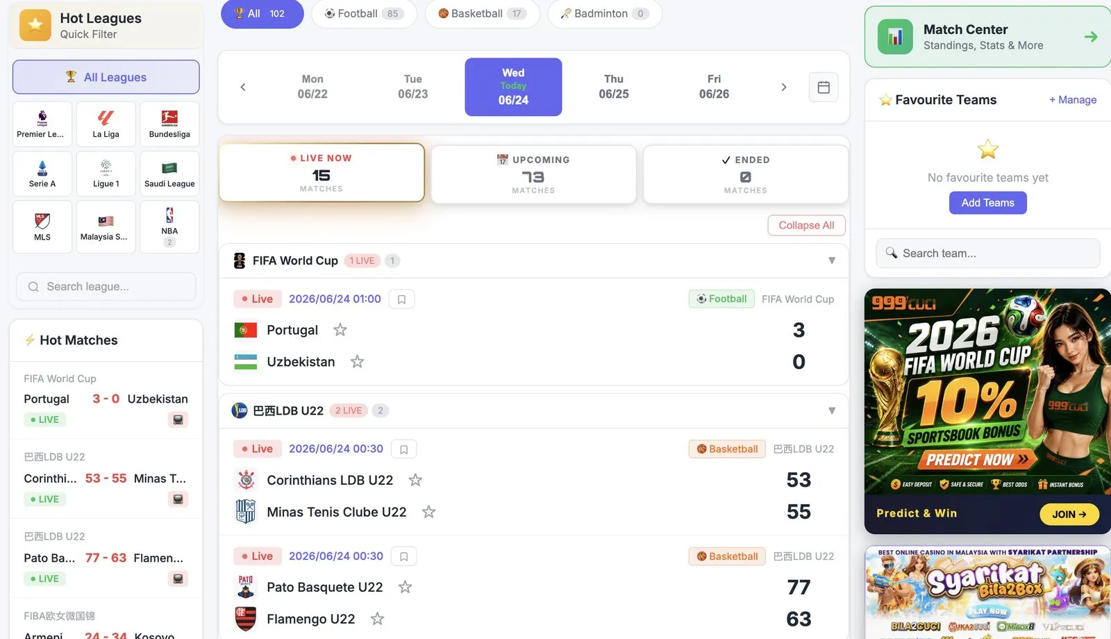 Bila2Sukan 實時比分平臺界面預覽：Live Now、熱門聯賽、Match Center